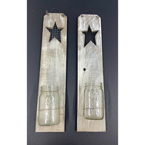 Set of Large 26" Wood farmhouse Barn Art wall hanging rustic mason jar sconces - Picture 7 of 9